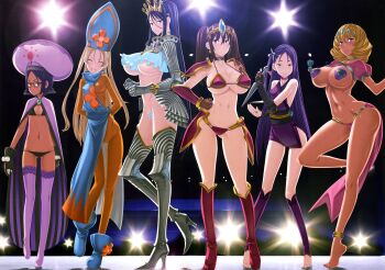 6+girls absurdres akutsu_kirara armor arms_behind_back backlighting barefoot bikini bikini_armor black_hair blonde_hair blue_eyes blue_hair bodystocking boots breasts brown_eyes brown_hair cape choker cleavage closed_eyes cosplay crown dancer bad_tag dark-skinned_female dark_skin dragon_quest gauntlets glasses gloves gold_trim hand_on_own_hip hat high_heel_boots high_heels highres honjou_raita huge_breasts indoors japanese_clothes kimono kunai kuramoto_erika long_hair mahou_shoujo_(raita) midriff multiple_girls nail_polish navel ninja nipple_tassels nitta_yui non-web_source pasties puniyanka purple_eyes purple_hair sasaki_kotone short_hair short_kimono sleeveless sleeveless_kimono small_breasts smile standing standing_on_one_leg suzuhara_misa suzuhara_misae swimsuit tassel tassel_pasties thigh_boots thighhighs toeless_legwear twintails underboob weapon zettai_junpaku_mahou_shoujo