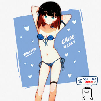 1boy 1girl aqua_eyes arm_strap armpits arms_up artist_name artist_self-insert bikini black_hair blue_background blue_bikini blunt_bangs blunt_ends blush_stickers bob_cut breasts character_name chloe_(srgrafo) closed_mouth collarbone colored_inner_hair feet_out_of_frame front-tie_bikini_top front-tie_top looking_at_viewer multicolored_hair navel original red_hair side-tie_bikini_bottom simple_background small_breasts smile speech_bubble srgrafo standing strapless strapless_bikini swimsuit thigh_strap two-tone_hair white_background
