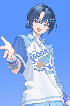 Rule 34 | 1girl, :d, absurdres, blue background, blue eyes, blue hair, blue pants, blue shirt, blue theme, bracelet, clothes writing, collared shirt, cowboy shot, food print, hair ornament, hairclip, highres, hiodoshi ao, hiodoshi ao (holonatsu paradise), hololive, hololive dev is, ice cream print, jewelry, looking at viewer, mole, mole under mouth, official alternate costume, open mouth, pants, ponytail, ring, shirt, short hair, short ponytail, short sleeves, simple background, smile, solo, virtual youtuber, white shirt, yuri yutaka