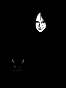 1girl animal black_background black_cat black_hair cat head_only highres long_hair looking_at_viewer original solo straight-on tp_p_pt