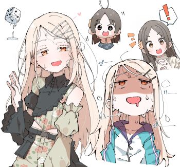 2girls blonde_hair blush brown_eyes brown_hair collared_shirt commentary_request dice forehead gakuen_idolmaster hair_ornament hairclip highres idolmaster kuramoto_china long_hair long_sleeves looking_at_viewer multiple_girls open_mouth orange_eyes parted_bangs shinosawa_hiro shirt simple_background smile steam steaming_body sweat upper_body white_background yakiniku-joan.