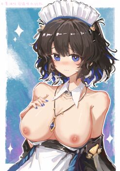 1girl absurdres arknights armpit_crease blue_eyes blue_hair blue_nails blush breasts breasts_out bright_pupils brown_hair clothes_pull commentary_request detached_collar detached_sleeves dress dress_pull embarrassed hand_on_own_chest highres huangyou jewelry kjera_(arknights) kjera_(ingenious_servant)_(arknights) large_breasts looking_at_viewer maid maid_headdress multicolored_hair nail_polish nipples nose_blush official_alternate_costume pendant raised_inner_eyebrows short_hair solo strapless strapless_dress streaked_hair topless_female two-tone_hair upper_body wavy_mouth white_dress