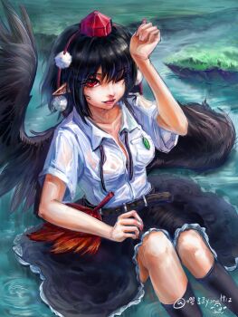 Rule 34 | 1girl, artist name, black hair, black skirt, breasts, hat, highres, looking at viewer, red eyes, red hat, shameimaru aya, shirt, sitting, skirt, tokin hat, touhou, wet, wet clothes, white shirt, yon 1912