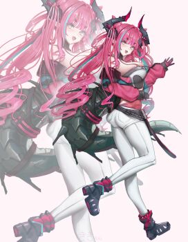 Rule 34 | 1girl, absurdres, arknights, arknights: endfield, ass, breasts, dragon girl, dragon horns, dragon tail, drill hair, from side, full body, highres, horns, kiki (akasaka0818), large breasts, long hair, looking at viewer, multicolored hair, pants, pink hair, solo, streaked hair, tail, tight clothes, tight pants, twin drills, twintails, white pants, yvonne (arknights)