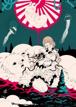 cairn_(structure) collar double-parted_bangs ebisu_eika fetus fine_art_parody frilled_collar frilled_shirt frills hair_between_eyes highres in-universe_location jellyfish limited_palette long_earlobes low_twintails nihonga open_mouth parody puffy_short_sleeves puffy_sleeves rock rock_balancing sanzu_river shirt short_sleeves signature sitting stack stacking sunburst touhou twintails ukiyo-e umbilical_cord wariza white_shirt wily_beast_and_weakest_creature yamada_satoshi