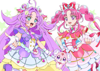 2girls :d absurdres ahoge akechi_anna aqua_trim back_bow bare_shoulders blue_bow blue_eyes blunt_bangs blush blush_stickers boots bow braid brooch buttons capelet commentary cowboy_shot creature cure_answer cure_mystique curtained_hair double-breasted double_bun dress earrings fairy fingerless_gloves fingernails glove_bow gloves gold_buttons gold_trim hair_bow hair_bun hair_flaps hair_intakes hair_ornament hand_on_own_hip heart heart_brooch heart_in_eye highres impossible_hair index_finger_raised jewelry kobayashi_mikuru layered_dress leg_up long_hair looking_at_viewer magical_girl medium_dress meitantei_precure! morishita_(moricuremori) multiple_girls off-shoulder_dress off_shoulder open_mouth outstretched_arm pact_holder parted_bangs pink_boots pink_bow pink_capelet pink_dress pink_gloves pink_hair pink_thighhighs platform_boots pleated_dress pochi-tan pointing pointing_at_viewer pouch precure purple_boots purple_capelet purple_dress purple_eyes purple_gloves purple_hair red_bow side-by-side sidelocks smile standing star_(symbol) star_symbol_background symbol_in_eye teeth thick_eyebrows thighhighs twin_braids upper_teeth_only very_long_hair white_background wing_hair_ornament yellow_bow