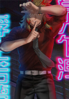 Rule 34 | 1boy, alternate costume, arm up, belt, belt buckle, black necktie, black pants, blonde hair, buckle, collared shirt, commentary request, contemporary, cowboy shot, finger to mouth, forked eyebrows, grin, hashimoto (yanagi-momo), kimetsu no yaiba, long hair, looking at viewer, male focus, medium hair, motion blur, multicolored eyes, multicolored hair, necktie, pants, red eyes, red hair, red shirt, rengoku kyoujurou, shirt, shushing, sleeves rolled up, smile, solo, standing, streaked hair, two-tone hair, watch, white belt, wristwatch, yellow eyes