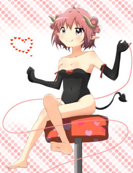 akaza_akari bar_stool barefoot black_gloves black_leotard bow breasts curled_horns demon_girl demon_horns demon_tail feet gloves heart highres horns leotard medium_breasts naughty_face pointy_ears polka_dot polka_dot_background purple_eyes red_bow red_string smile stool string suzuki_toto tail tongue tongue_out white_background