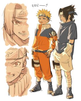 2boys bandaged_leg bandages black_hair black_shoes blonde_hair blue_headband blue_shirt clenched_teeth detached_sleeves facial_mark full_body furrowed_brow grin hands_in_pockets hands_on_own_hips headband highres holster jacket jumpsuit light_smile male_focus multiple_boys naruto_(series) open-toe_shoes orange_jacket orange_jumpsuit orange_pants pants parted_bangs parted_lips rfb_345orororo sharingan shirt shoes short_sleeves shorts slit_pupils smile spiked_hair teeth thigh_holster tongue tongue_out uchiha_sasuke uzumaki_naruto whisker_markings white_background white_shorts white_sleeves