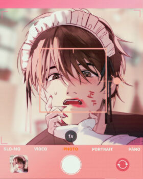 Rule 34 | 1boy, 1girl, breasts, brown hair, commander (nikke), commentary, crossdressing, crossdressing (mtf), english commentary, fake phone screenshot, fake screenshot, fingerless gloves, fingernails, gloves, goddess of victory: nikke, highres, laejjo, lipstick mark, long fingernails, maid, maid headdress, male maid, nail polish, open mouth, red nails, short hair, taking picture, tally, viewfinder, viper (nikke), white gloves