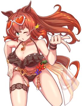 Rule 34 | 1girl, absurdres, animal ears, bikini, black bikini, breasts, brown hair, brown tail, chain, chain necklace, cleavage, commentary request, eyewear on head, flova11, frilled bikini, frills, gem, gold necklace, green eyes, hand on own hip, heart, heart-shaped eyewear, highres, horse ears, horse girl, horse tail, jewelry, large breasts, leaning forward, long hair, looking at viewer, maruzensky (hot summer night) (umamusume), maruzensky (umamusume), necklace, official alternate costume, official alternate hairstyle, open mouth, orange-tinted eyewear, red gem, simple background, solo, sunglasses, swimsuit, tail, thigh strap, thighs, tinted eyewear, umamusume, white background