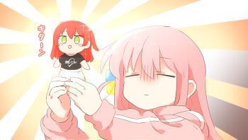 1girl :d blush_stickers bocchi_the_rock! character_doll closed_eyes closed_mouth commentary_request cube_hair_ornament doll gotoh_hitori hair_between_eyes hair_ornament holding holding_doll jacket kessoku_band_t-shirt kita_ikuyo long_hair long_sleeves one_side_up open_mouth pink_hair pink_jacket portrait rebecca_(keinelove) red_hair smile solo sunburst track_jacket translation_request