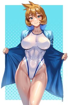 1girl blue_eyes blue_jacket blush breasts brown_hair cameltoe closed_mouth collarbone competition_swimsuit covered_navel female_focus gluteal_fold green_eyes groin gym_leader hair_between_eyes highleg highres jacket large_breasts legs long_sleeves looking_at_viewer misty_(pokemon) misty_(pokemon_hgss) navel nintendo one-piece_swimsuit open_clothes open_jacket orange_hair pokemon pokemon_hgss shiny_clothes shiny_skin shirt short_hair smile solo sportswear standing swimsuit thigh_gap thighs track_jacket volyz wet white_one-piece_swimsuit