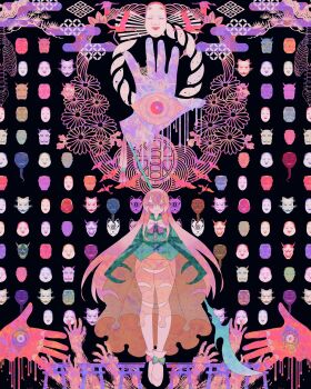 Rule 34 | 1girl, absurdres, boku (isizakitakasi), bow, bowtie, bright pupils, dripping, footwear bow, green bow, green shirt, hata no kokoro, highres, long hair, mask, noh mask, orange skirt, panties, pink bow, pink bowtie, pink eyes, pink hair, pink shoes, rope, see-through clothes, see-through skirt, shippou (pattern), shirt, shoes, skirt, solo, surreal, touhou, underwear, very long hair, white pupils, wide shot