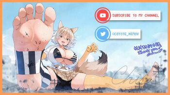 1girl animal_ears bikini blonde_hair blue_sky breasts chisamikan cleavage commentary_request coyote_(kemono_friends) extra_ears gloves highres kemono_friends kemono_friends_v_project large_breasts looking_at_viewer microphone outdoors shirt short_hair shorts skirt sky solo swimsuit tail thighhighs virtual_youtuber wolf_ears wolf_girl wolf_tail yellow_eyes