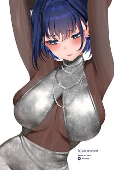 1girl alternate_costume arms_up averting_eyes blue_eyes blue_hair bow bow_earrings breasts closed_mouth commentary dress earrings fanged_bangs grey_dress hair_intakes highres hololive hololive_english jewelry large_breasts necklace oioi_ainomo ouro_kronii paid_reward_available see-through_cleavage see-through_clothes short_hair simple_background skin_tight solo symbol-only_commentary upper_body virtual_youtuber white_background