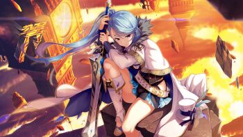 1girl architecture autumn autumn_leaves belt blue_hair boots bridget_(deep_one) building burning campfire candle cape cityscape cloud cloudy_sky deep_one_kyomu_to_mugen_no_fragment dusk east_asian_architecture embers evening explosion fire fireplace flaming_sword flaming_weapon fur_trim gintarou_(kurousagi108) gradient_sky hair_ornament hat holding holding_sword holding_weapon jacket lava leaf long_hair long_sleeves magical_girl mountain non-web_source orange_sky outdoors purple_eyes red_sky ship short_hair shorts skirt sky solo star_(sky) starry_sky sun sunrise sunset sword torch twilight unworn_hat unworn_headwear watercraft weapon yellow_sky