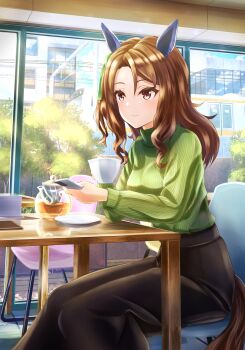 1girl animal_ears black_skirt blush brown_eyes brown_hair cafe closed_mouth commentary_request cup ear_covers forehead fusou_(fuso0205) green_sweater highres holding holding_cup horse_ears horse_girl horse_tail indoors king_halo_(umamusume) long_hair long_skirt sitting skirt smile solo sweater tail tea teacup turtleneck turtleneck_sweater umamusume