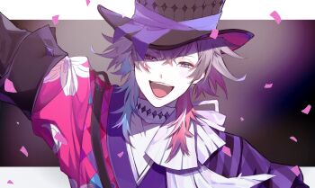 1boy black_hat blue_eyes blue_hair coat commentary confetti diamond_choker english_commentary eyeshadow gavis_bettel gavis_bettel_(1st_costume) grey_hair hat heterochromia highres holostars holostars_english looking_at_viewer makeup male_focus medium_hair multicolored_coat multicolored_hair open_mouth pink_eyes pink_eyeshadow pink_hair scarf sharkoh smile solo top_hat virtual_youtuber white_scarf