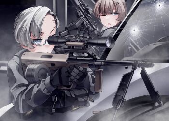 2girls aiming assault_rifle bipod black_gloves blue_eyes brown_hair bullet_hole bullpup closed_mouth commentary_request desert_(deserteagle0321) drum_magazine gloves grey_eyes grey_jacket gun h&amp;k_mp5 highres holding holding_gun holding_weapon jacket magazine_(weapon) multiple_girls one_eye_closed original rifle scope shell_casing short_hair steyr_aug submachine_gun weapon white_hair