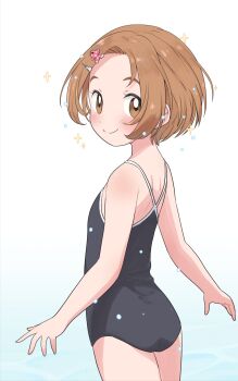 Rule 34 | 1girl, bare shoulders, brown eyes, brown hair, closed mouth, commentary request, forehead, highres, idolmaster, idolmaster cinderella girls, light blush, light smile, looking at viewer, ryuzaki kaoru, simple background, solo, swimsuit, yama tatsuo