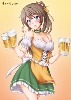 1girl alcohol anti_(untea9) apron barmaid beer beer_mug blue_eyes blush breasts brown_hair choker cleavage commentary_request cup dress german_clothes gradient_background green_choker green_dress hair_ribbon highres holding holding_cup kantai_collection kazagumo_(kancolle) long_hair looking_at_viewer medium_breasts mug oktoberfest open_mouth ponytail ribbon twitter_username waitress yellow_apron yellow_background
