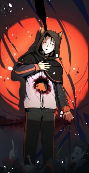 1boy animal_ears animal_hood black_capelet black_hair black_pants blood blood_on_clothes capelet cat_hood fake_animal_ears hair_slicked_back hand_on_own_chest hand_up hashtag-only_commentary highres hole_on_body hood hood_up hooded_capelet jacket long_sleeves looking_at_viewer male_focus megi5412 multiple_boys natsuki_subaru open_mouth pants re:zero_kara_hajimeru_isekai_seikatsu red_background short_hair smile spotlight standing track_jacket track_suit