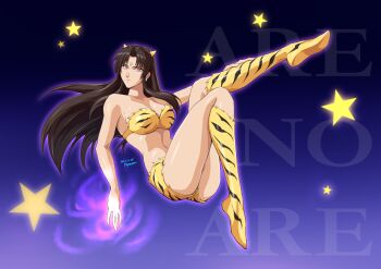 1girl 92penpen animal_print ass bikini capcom chun-li cone_horns corruption cosplay curvy dark_persona floating forehead_jewel full_body fur_bikini hand_on_own_leg highres horns leg_up lum lum_(cosplay) micro_shorts mind_control oni print_bikini print_boots red_eyes shiny_skin shoe_soles shorts small_horns solo star_(symbol) strapless strapless_bikini street_fighter street_fighter_ii_v striped_horns swimsuit tiger_panties tiger_print urusei_yatsura wide_hips yellow_bikini yellow_horns