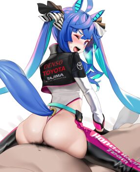 1boy 1girl alternate_costume animal_ears aqua_hair ass black_pubic_hair blue_eyes blue_hair blush clothed_female_nude_male clothing_cutout crop_top from_behind furrowed_brow girl_on_top gloves hair_between_eyes hetero highres horse_ears horse_girl horse_tail leotard long_sleeves looking_back multicolored_hair nose_blush nude one_eye_closed open_mouth penis protected_link reverse_cowgirl_position sex sex_from_behind sharp_teeth straddling sweat tail tail_through_clothes teeth twin_turbo_(umamusume) twintails two-tone_hair ugohato umamusume