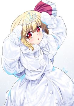 Rule 34 | 1girl, alternate costume, arms up, blonde hair, blush, coat, fur trim, gradient eyes, hair ribbon, highres, long sleeves, looking at viewer, mittens, multicolored eyes, red eyes, red ribbon, ribbon, rion (user ufvg8527), rumia, slit pupils, solo, tiara, touhou, white background, white coat, white mittens, white trim, winter clothes, winter coat