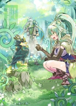 1boy 1girl beard bird breasts duel_monster facial_hair flower forest gloves grass green_hair green_scarf gusto_gulldo hawk highres long_beard mizutama_(mizutamalion) moss nature open_mouth plant ponytail ritual_beast_tamer_elder rock scarf spiritual_beast_cannahawk spiritual_beast_tamer_winda squatting toes tree twitter_username waraji white_hair winda_(yu-gi-oh!) yu-gi-oh!