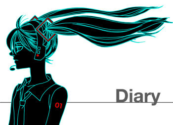1girl album_cover bare_shoulders closed_mouth collared_shirt colored_lineart cover english_text from_side hatsune_miku headphones headset long_hair necktie negative negative_space number_tattoo ogawa_nyako shirt shoulder_tattoo simple_background sleeveless sleeveless_shirt solo tattoo twintails very_long_hair vocaloid white_background wind wind_lift