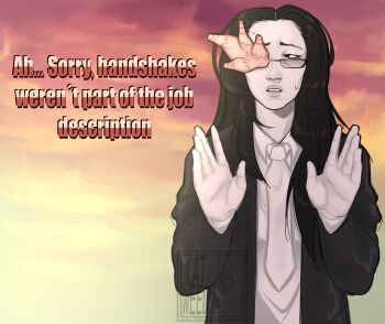 Rule 34 | 1girl, asian, black eyes, black hair, catsweeds, collared shirt, colored skin, coral, coral glasses, ena: dream bbq, ena (series), glasses, highres, lips, long hair, necktie, scene reference, shirt, solo, source quote, sweat, white necktie, white shirt, white skin