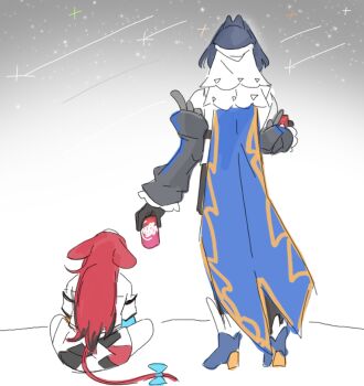 2girls animal_ears black_gloves blue_bow blue_hair bow can colored_skin commentary crop_top english_commentary from_behind gloves hair_intakes hakos_baelz hakos_baelz_(1st_costume) holding holding_can hololive hololive_english looking_back mochiparrot mouse_ears mouse_girl mouse_tail multiple_girls ouro_kronii ouro_kronii_(1st_costume) red_hair shirt short_hair sketch standing tail tail_bow tail_ornament virtual_youtuber white_shirt white_skin