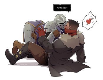 2boys arrow_through_heart ass bara bean_souls beard blush connected_beard couple crusader_(darkest_dungeon) darkest_dungeon facial_hair full_beard full_body heart helmet_kiss highres highwayman_(darkest_dungeon) knight male_focus mature_male motion_lines multiple_boys pelvic_curtain poking profile short_hair spoken_heart thick_eyebrows yaoi
