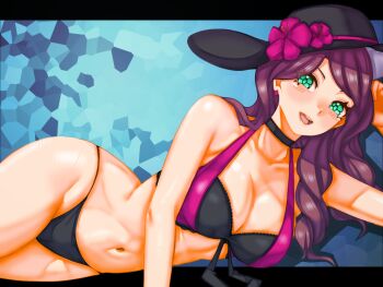 1girl bikini black_bikini blush breasts brown_hair cleavage commentary_request dorothea_arnault dorothea_arnault_(summer) earrings fire_emblem fire_emblem:_three_houses fire_emblem_heroes flower green_eyes hat hat_flower jewelry large_breasts long_hair mimizunooka nintendo official_alternate_costume open_mouth purple_bikini smile sun_hat swimsuit