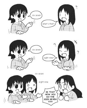 Rule 34 | +++, 3girls, 67 (meme), ?, azumanga daiou, clenched hands, closed eyes, cropped torso, denkirk, english text, facing another, greyscale, kasuga ayumu, long hair, long sleeves, looking at another, medium hair, meme, monochrome, multiple girls, o o, open mouth, sweat, takino tomo, tanizaki yukari, upper body, white background, wide-eyed