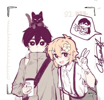 Rule 34 | 1girl, 2boys, alternate costume, alternate eye color, animal, animal on head, antenna hair, basil (faraway) (omori), basil (omori), black eyes, black hair, blonde hair, bright pupils, brother and sister, camera, cat, chibi, chibi inset, chinese commentary, closed eyes, closed mouth, collared shirt, commentary request, cup, double-parted bangs, flower, gloves, hair between eyes, hair flower, hair ornament, holding, holding camera, holding cup, jacket, long hair, long sleeves, looking at viewer, mari (faraway) (omori), mari (omori), multiple boys, omori, on head, open mouth, psychokokuon, shirt, short hair, short sleeves, siblings, speech bubble, sunny (omori), suspenders, unfinished, v, watch, white gloves, white pupils, white shirt, wristwatch, zipper, zipper pull tab
