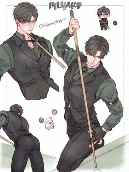 1boy ass ball billiard_ball billiards black_gloves black_hair black_necktie black_pants black_vest blush chibi chibi_inset closed_mouth collared_shirt cowboy_shot cropped_torso fishbone0306 gloves grey_shirt hair_between_eyes holding holding_stick leaning_forward love_and_deepspace male_focus multiple_views necktie pants parted_bangs partially_fingerless_gloves pool_table shirt short_hair snowman solo stick table twitter_username vest waistcoat zayne_(love_and_deepspace)