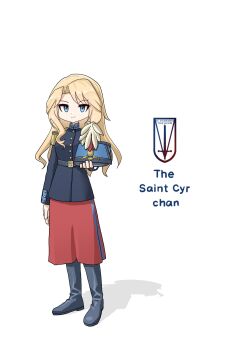 Rule 34 | 1girl, aiguillette, belt, blonde hair, blue eyes, blue jacket, boots, buckle, carrying, character name, closed mouth, english text, epaulettes, feathers, france, french army, french text, full body, gold buttons, hat, hat ornament, highres, holding, holding unworn clothes, holding unworn hat, invisible floor, jacket, knee boots, leochan1202, long hair, long skirt, long sleeves, looking at viewer, military uniform, original, plume, red feathers, red skirt, shadow, shako cap, simple background, skirt, smile, soldier, solo, standing, unworn hat, unworn headwear, wavy hair, white background, white feathers