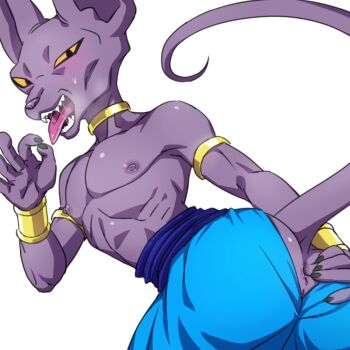 Rule 34 | 1boy, animal ears, anus, ass, anal fluid, blush, cat, cat ears, colored skin, dragon ball, dragonball z, dragonball z battle of gods, god of destruction beerus, looking at viewer, male focus, presenting, purple skin, sexually suggestive, solo, steam, sweat, tongue