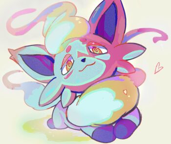 animal_focus blush closed_mouth commentary english_commentary heart highres hisuian_zorua looking_at_viewer lying nintendo no_humans opryee pokemon pokemon_(creature) pokemon_focus smile solo yellow_eyes