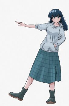 1girl arm_up blue_eyes blue_hair boots green_boots highres hood hoodie maison_ikkoku otonashi_kyouko poppowerhearts simple_background skirt white_hoodie