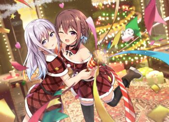 2girls ;d absurdres bare_shoulders black_thighhighs blurry blurry_background boots braid breasts brown_boots brown_capelet brown_dress brown_hair cac_itinose capelet cleavage commentary_request confetti depth_of_field dress grey_hair hair_between_eyes hand_on_another's_waist highres long_hair multiple_girls nail_polish off-shoulder_dress off_shoulder one_eye_closed open_mouth original party_popper plaid_capelet plaid_clothes plaid_dress pleated_dress purple_eyes red_eyes red_nails small_breasts smile standing standing_on_one_leg streamers string_of_flags thighhighs thighhighs_under_boots