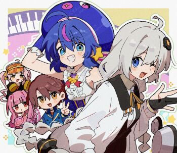 Rule 34 | 5girls, :d, :o, ahoge, bare shoulders, blue eyes, blue hair, blue hat, blue jacket, blunt bangs, blush, border, brown hair, character request, commentary request, corn kuten, dress, grey hair, grin, hair between eyes, hat, jacket, kizuna akari, kizuna akari (vocaloid6), kotonoha akane, long hair, looking at viewer, multiple girls, open mouth, orange hat, otomachi una, outline, outside border, pink hair, pink shirt, red eyes, shirt, short hair, sleeveless, sleeveless shirt, sleeves past fingers, sleeves past wrists, smile, tsuina-chan, tsuina-chan (vocaloid), twintails, vocaloid, voiceroid, white border, white dress, white outline, white shirt, wrist cuffs, yellow eyes