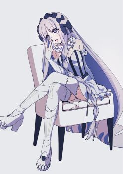1girl 7ben9i absurdres blush bow braid breasts chair cleavage collar colored_inner_hair fate/strange_fake fate_(series) francesca_prelati_(fate) frilled_collar frills full_body grey_hair hair_bow hashtag-only_commentary highres long_hair multicolored_hair on_chair open_mouth purple_eyes purple_hair ringed_eyes simple_background sitting smile solo striped_clothes thighhighs two-tone_hair white_background white_thighhighs