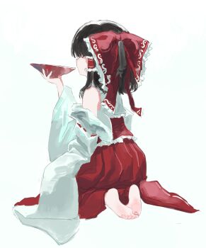 Rule 34 | 1984 (cw1000110), 1girl, barefoot, bow, brown hair, cup, detached sleeves, frilled bow, frilled hair tubes, frilled shirt collar, frills, from behind, full body, hair bow, hair tubes, hakama, hakurei reimu, hand up, highres, holding, holding cup, japanese clothes, long hair, long sidelocks, long sleeves, open mouth, ponytail, red bow, red hakama, red shirt, ribbon-trimmed sleeves, ribbon trim, seiza, shirt, sidelocks, simple background, sitting, sleeveless, sleeveless shirt, sleeves past fingers, sleeves past wrists, solo, touhou, white background, wide sleeves