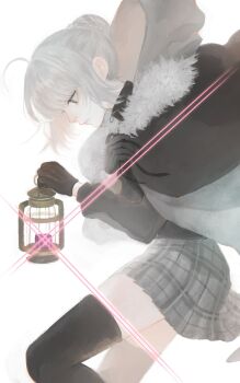1girl black_gloves black_thighhighs closed_mouth commentary_request fate/grand_order fate_(series) gloves gray_(fate) grey_hair hair_bun highres holding holding_lantern hood lantern love1loooomy profile sidelocks simple_background skirt solo thighhighs turtleneck white_background zipper