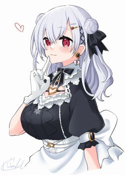 1girl apron black_dress black_gemstone black_ribbon blush bow bowtie breasts chest_strap cleavage_cutout closed_mouth clothing_cutout collared_dress cross-laced_clothes cross-laced_dress double_bun dress earrings frilled_dress frills gem gloves grey_hair hair_bun hair_ornament hair_ribbon hairclip hakase_fuyuki hakase_fuyuki_(7th_costume) heart heart_earrings heart_o-ring highres jewelry kasagland lace-trimmed_sleeves lace_trim large_breasts light_smile long_hair maid maid_apron medium_hair nijisanji o-ring puffy_short_sleeves puffy_sleeves red_eyes ribbon short_sleeves solo upper_body virtual_youtuber waist_apron white_apron white_background white_gloves