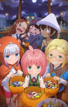 Rule 34 | 1boy, 6+girls, absurdres, anya (spy x family), becky blackbell, candy, chainsaw man, cosplay, crossover, doma umaru, doma umaru (cosplay), food, halloween, highres, himouto! umaru-chan, holding, holding knife, kanna kamui, knife, kobayashi-san chi no maidragon, komaru (himouto! umaru-chan), komaru (himouto! umaru-chan) (cosplay), little witch academia, luna nova school uniform, made in abyss, moon, multiple crossover, multiple girls, mushroom hat, neco-arc, night, nintendo, power (chainsaw man), power (chainsaw man) (cosplay), princess zelda, princess zelda (cosplay), rappa (sirrappa), reg (made in abyss), riko (made in abyss), saikawa riko, school uniform, spy x family, the legend of zelda, tsukihime